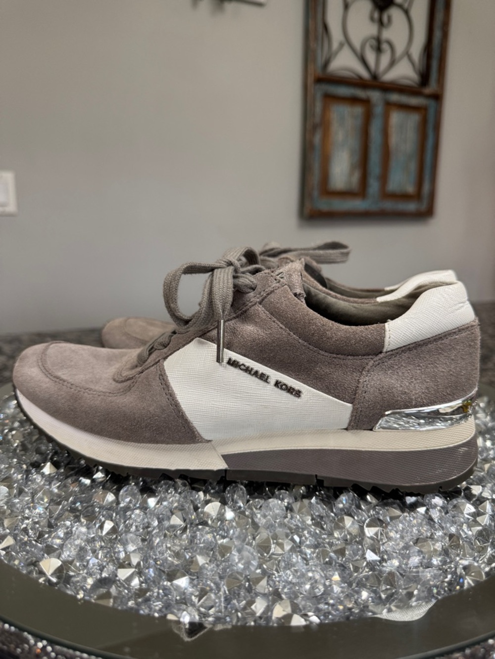 Michael Kors gray Taupe Suede & White Panel Sneakers silver logo accents EUC 8